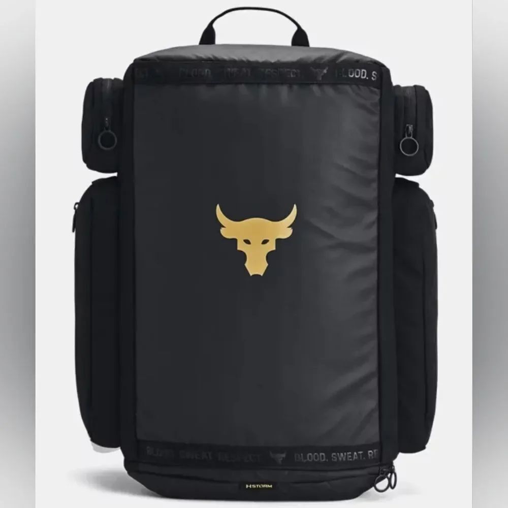 UA Under Armour Project Rock Duffle Backpack Bag Black Gold Gym New 1376459-002